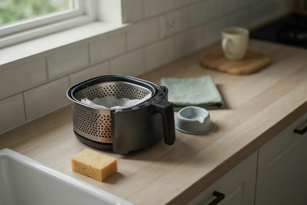 Cesta da air fryer limpa com papel perfurado e forminha de silicone ao lado