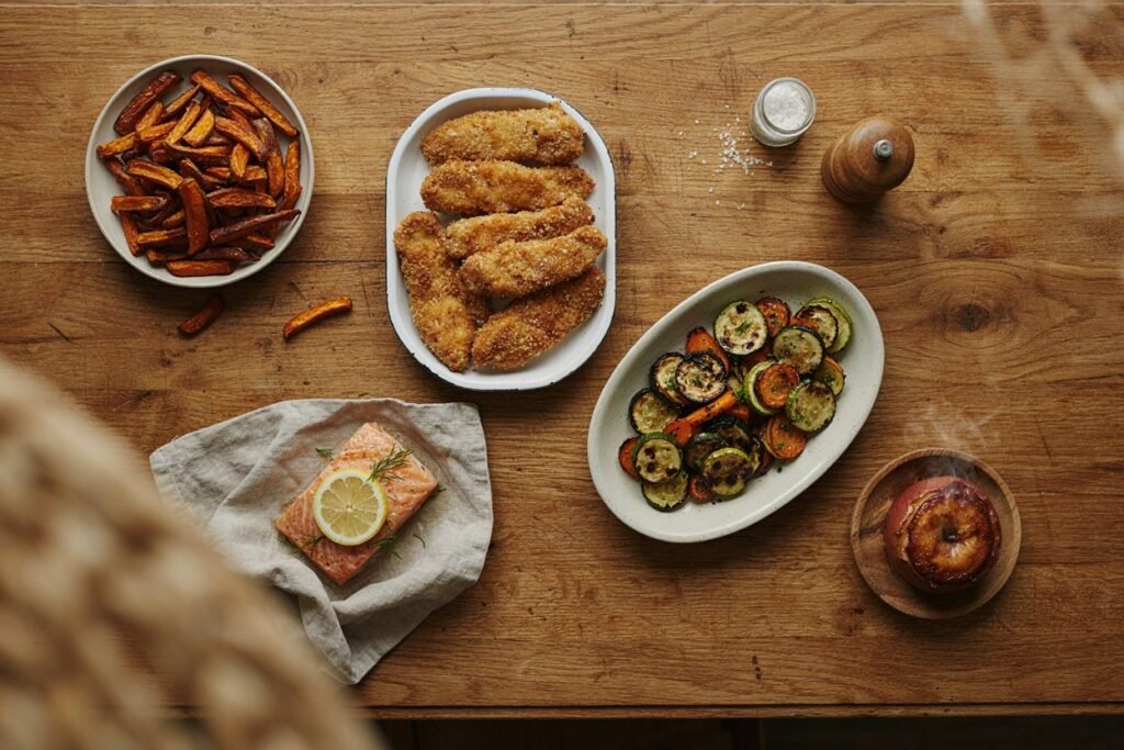 Batata doce, frango empanado, legumes assados, salmão e maçã assada na mesa