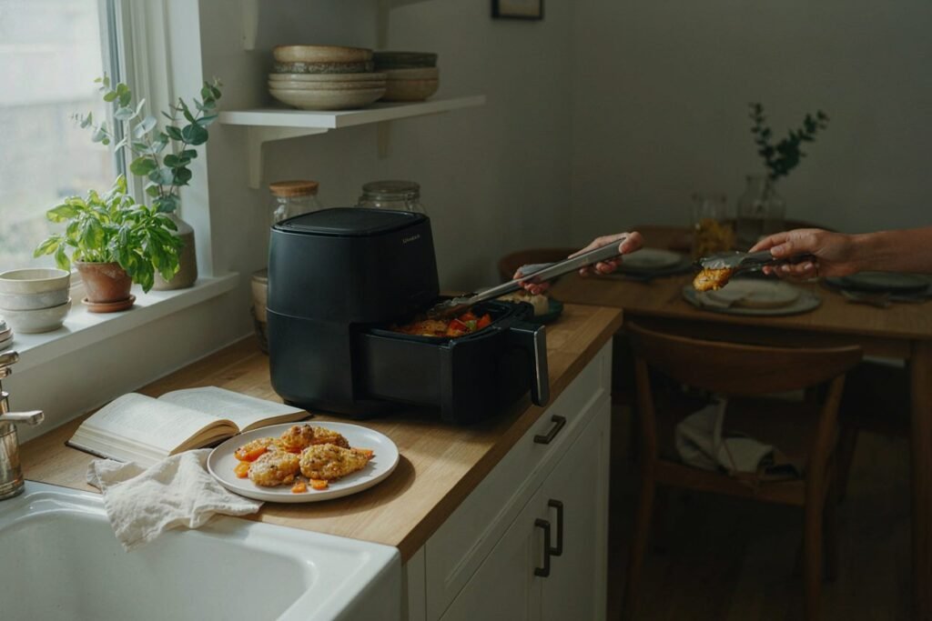 Air fryer aberta com frango dourado sendo servido no prato