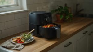 Air fryer preta na bancada com batatas e legumes assados