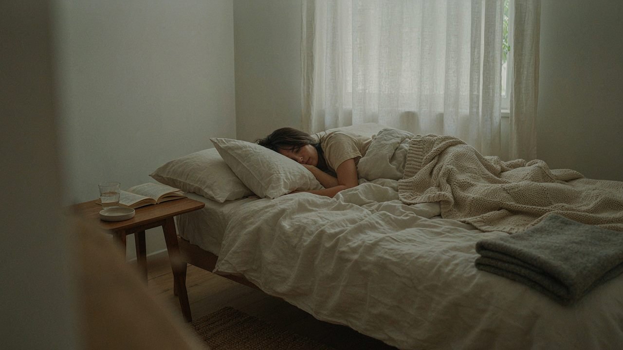 Cama aconchegante com luz suave da manhã e uma pessoa dormindo tranquila