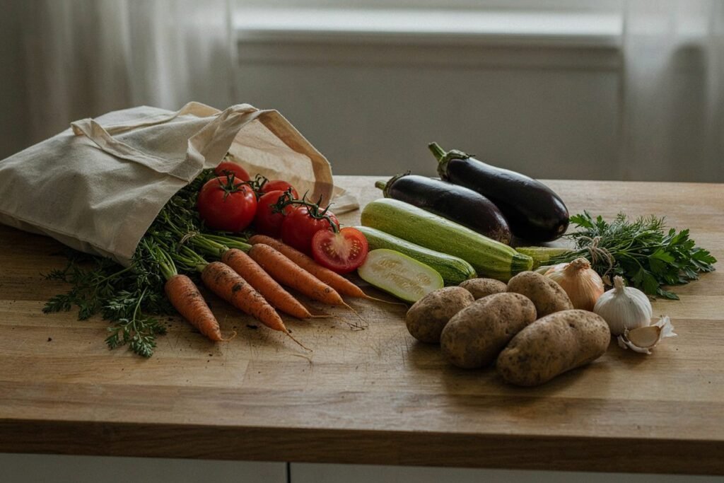 Sacola de pano com tomate, cenoura, abobrinha, berinjela e batata na bancada