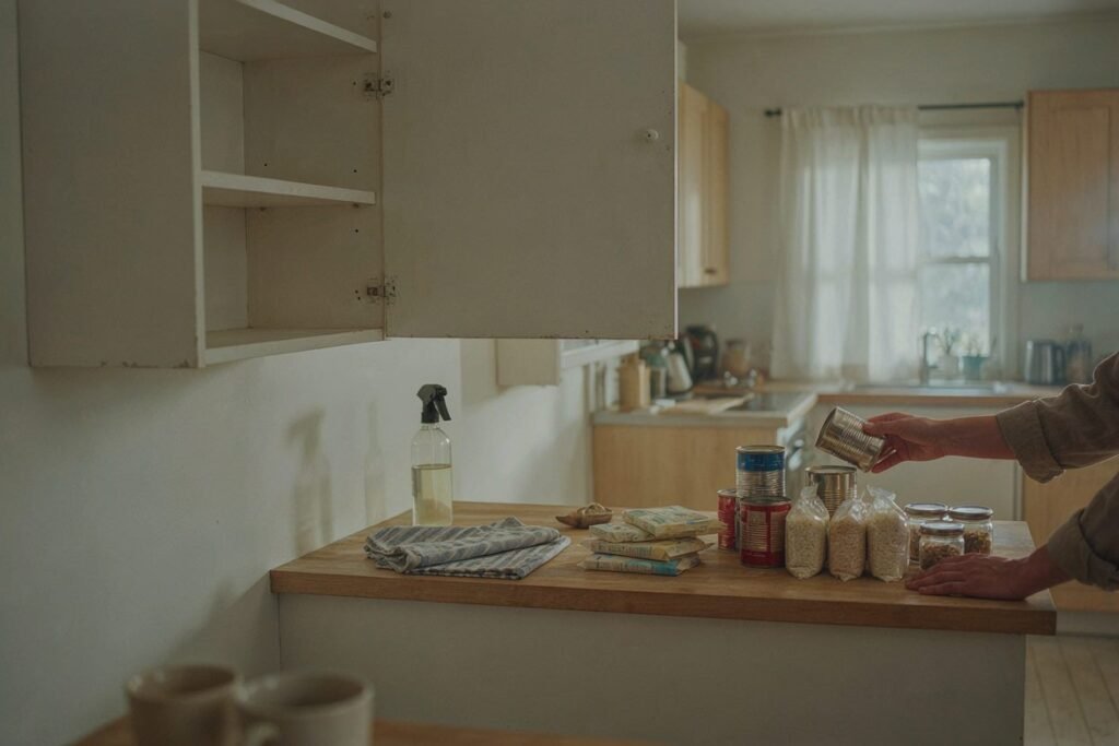 Despensa vazia e alimentos separados em pilhas na bancada