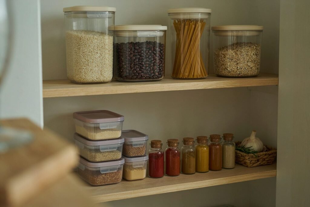 Potes transparentes com arroz, feijão, macarrão e aveia organizados nas prateleiras