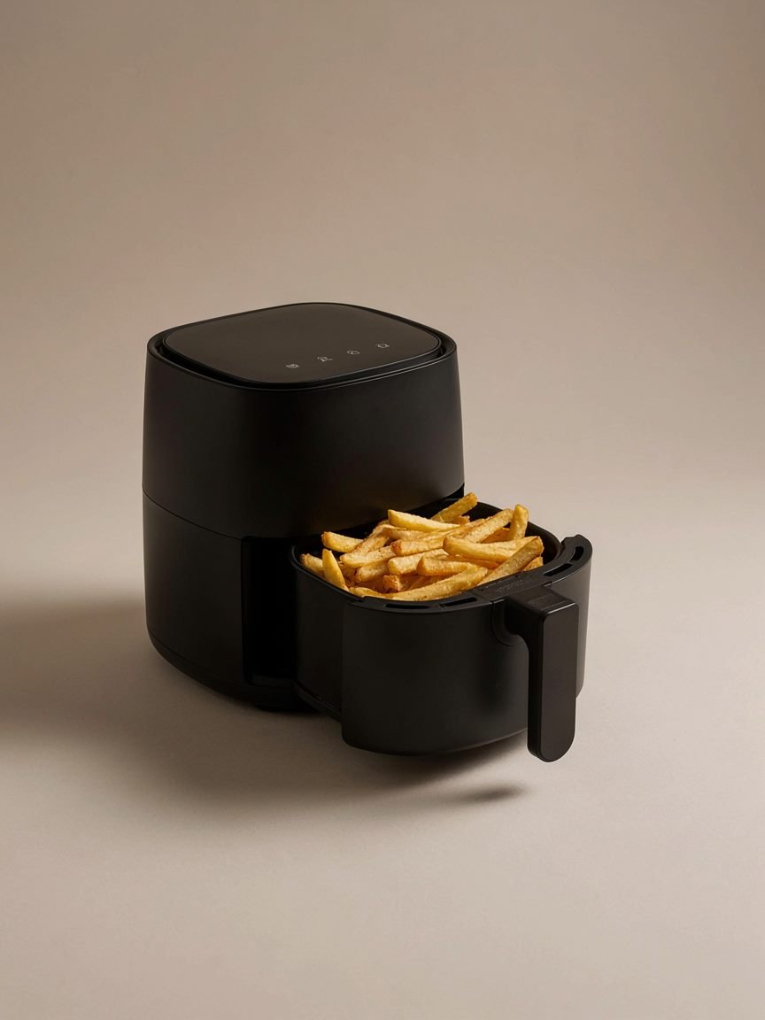 Air fryer compacta preta com o cesto aberto e batatas fritas