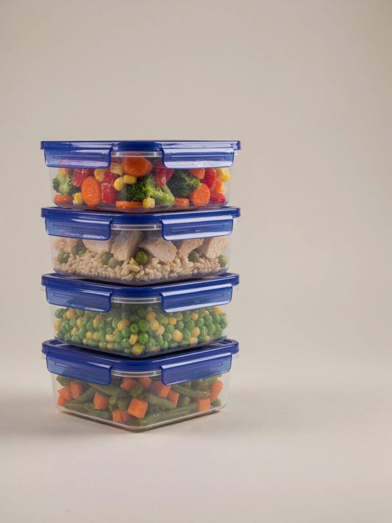 Pilha de potes herméticos com tampa azul cheios de legumes congelados