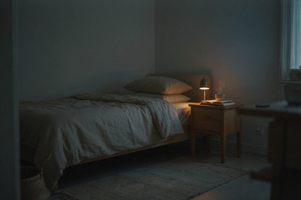 Quarto à noite com abajur, livro e chá no criado-mudo e o celular longe da cama